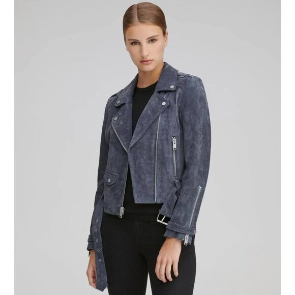Marc New York by Andrew Marc sz. M Suede Genuine Leather Belted Moto Jacket Coat - Picture 4 of 14
